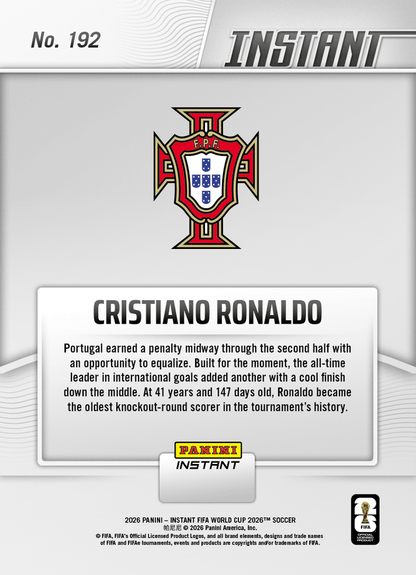 2026 Panini Instant FIFA World Cup Cristiano Ronaldo #192 Star Scorer Sparks Portugal with Record Goal Portugal Soccer Card