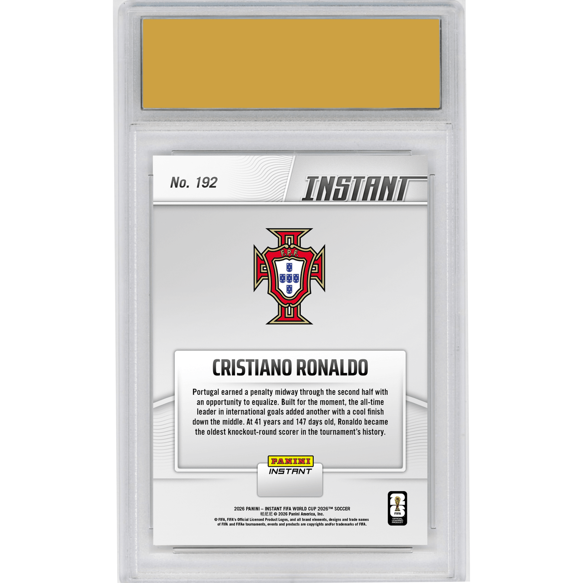 Graded 2026 Panini Instant FIFA World Cup Cristiano Ronaldo #192 Star Scorer Sparks Portugal with Record Goal Portugal Soccer Card HOFSM 10 Gem Mint
