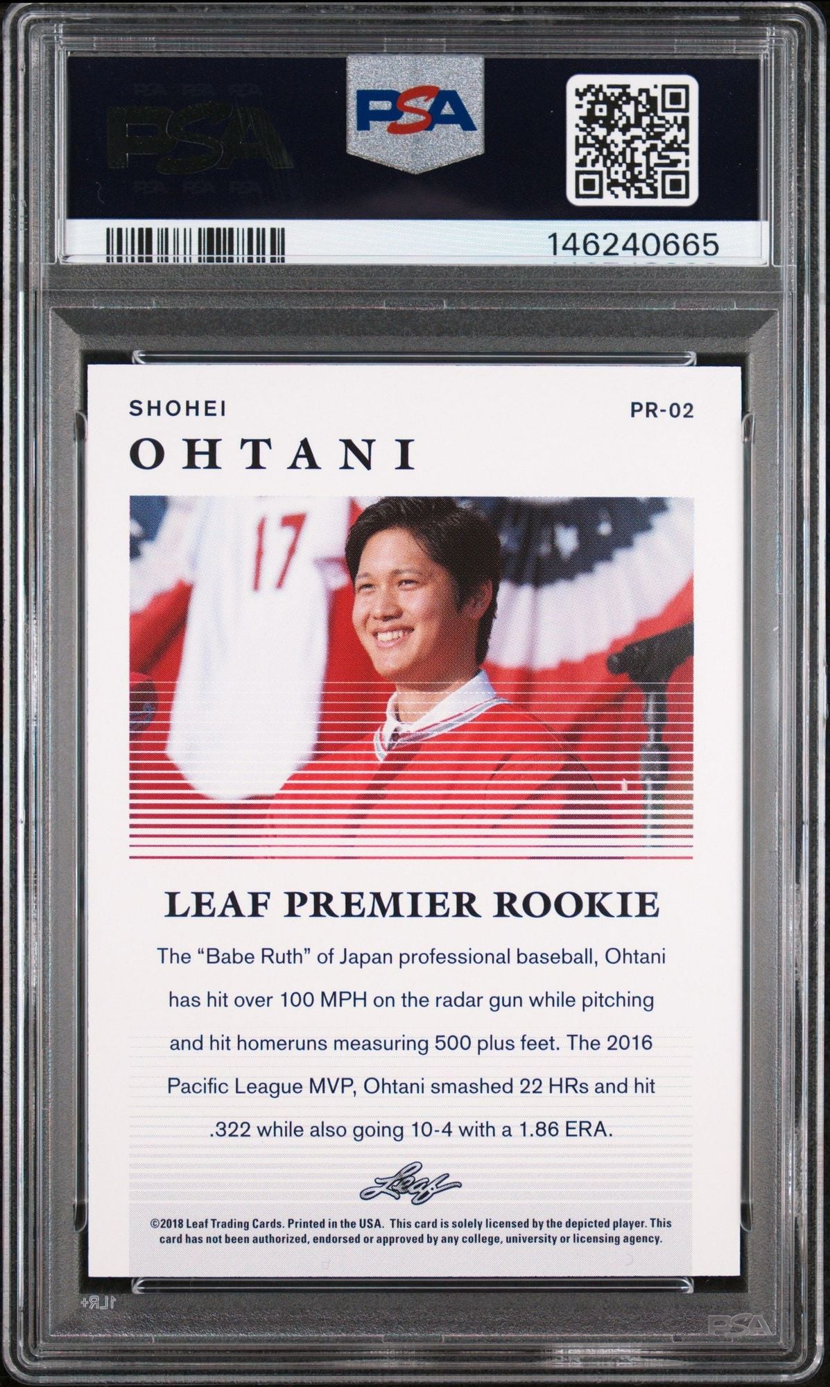 Graded 2018 Leaf Shohei Ohtani #PR-02 Premium Rookies Rookie RC Baseball Card PSA 10 Gem Mint