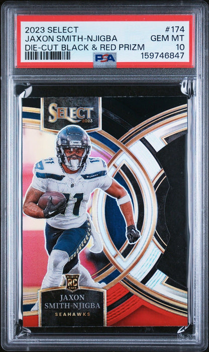 Graded 2023 Panini Select Jaxon Smith Njigba #173 Die-Cut Black & Red Prizm Rookie RC Football Card PSA 10 Gem Mint
