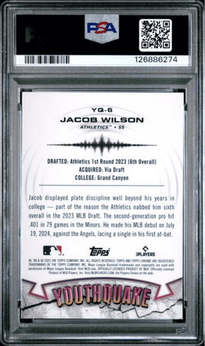 Graded 2025 Topps Chrome Jacob Wilson #YQ6 Youthquake Rookie RC Baseball Card PSA 10 Gem Mint