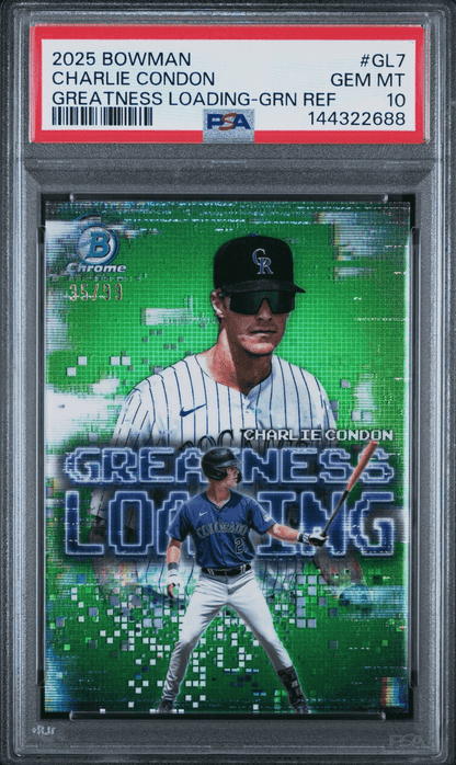 Graded 2025 Topps Bowman Charlie Condon #GL7 Greatness Loading Green Refractor /99 Rookie RC Baseball Card PSA 10 Gem Mint