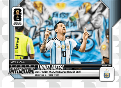 2026 Panini Instant FIFA World Cup Lionel Messi #196 Messi Roars into 20s with Landmark Goal Argentina Soccer Card