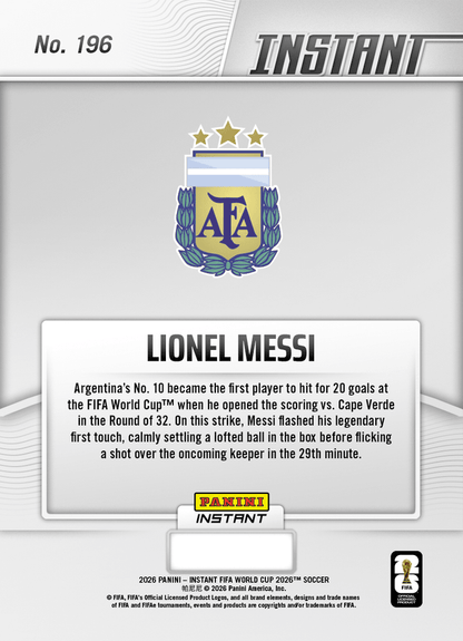 2026 Panini Instant FIFA World Cup Lionel Messi #196 Messi Roars into 20s with Landmark Goal Argentina Soccer Card