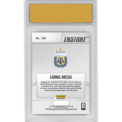 Graded 2026 Panini Instant FIFA World Cup Lionel Messi #196 Messi Roars into 20s with Landmark Goal Argentina Soccer Card HOFSM 10 Gem Mint
