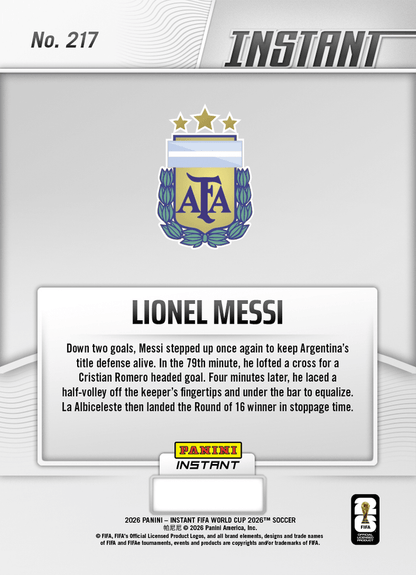 2026 Panini Instant FIFA World Cup Lionel Messi #217 Maestro Messi Orchestrates Epic Comeback Argentina Soccer Card