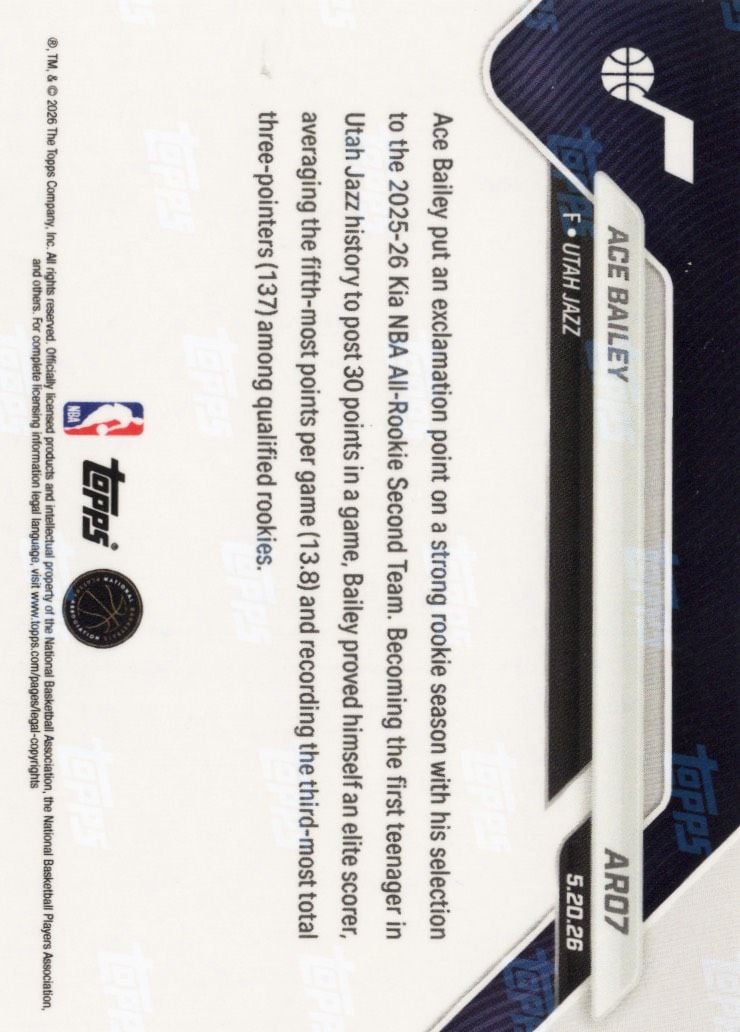 2025 Topps Now Ace Bailey #ARO7 Orange Foil /25 2025-26 KIA NBA All Rookie Second Team Selection Utah Jazz Rookie RC Basketball Card