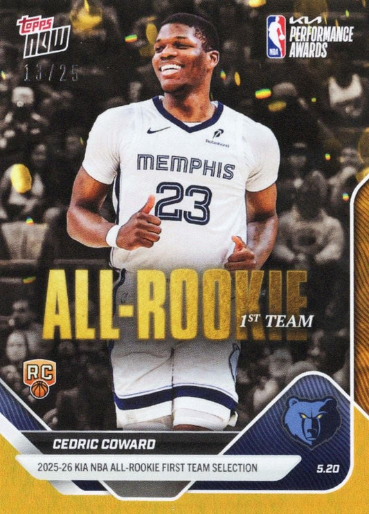 2025 Topps Now Cedric Coward #AR05 Orange Foil /25 2025-26 KIA NBA All Rookie First Team Selection Memphis Grizzlies Rookie RC Basketball Card