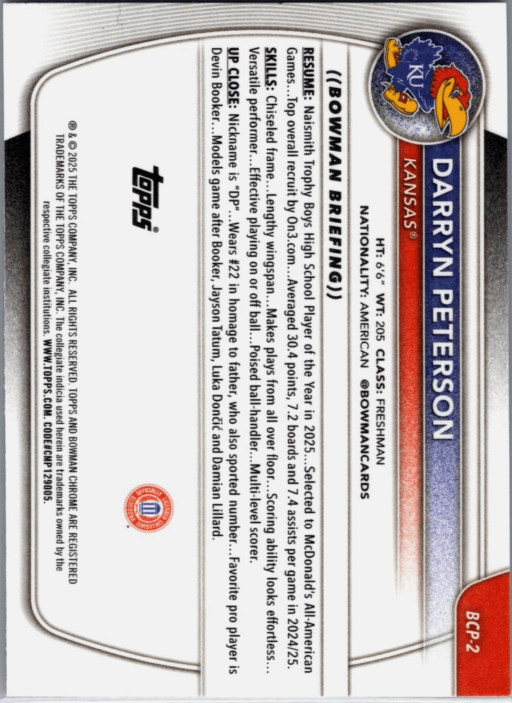 2025 Topps Bowman U Chrome Darryn Peterson #BCP2 Reptilian Refractor Kansas Jayhawks Rookie RC Basketball Card 
