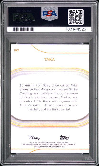 Graded 2025 Topps Chrome Disney Taka #197 #/99 Green Refractor The Lion King Live Action Rookie RC Debut Card PSA 10 Gem Mint