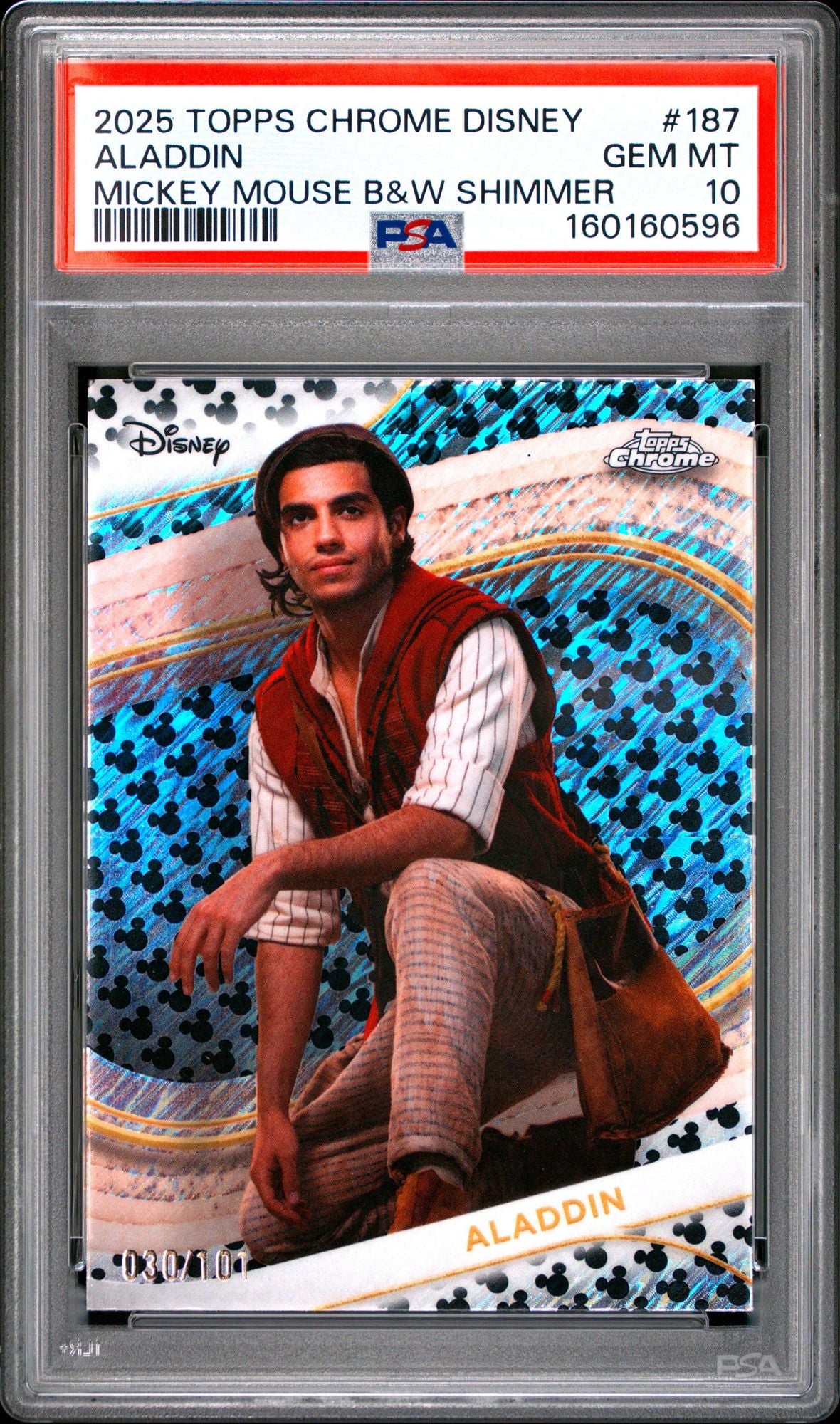 Graded 2025 Topps Chrome Disney Aladdin #187 #/101 Mickey Mouse B&W Shimmer Trading Card PSA 10 Gem Mint