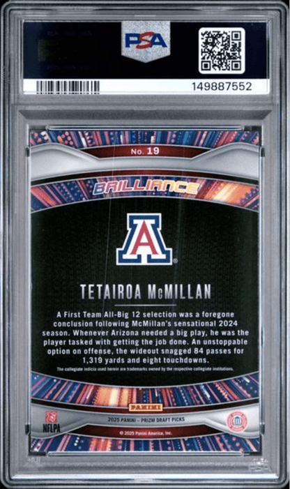 Graded 2025 Panini Prizm Draft Picks Tetairoa McMillan #19 Brilliance Rookie RC Football Card PSA 10 Gem Mint