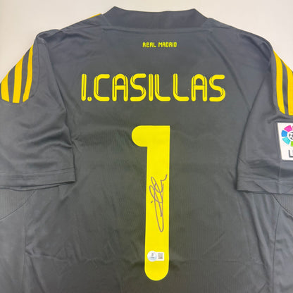 Autographed/Signed Iker Casillas Real Madrid Black Soccer Futbol Jersey Beckett BAS COA