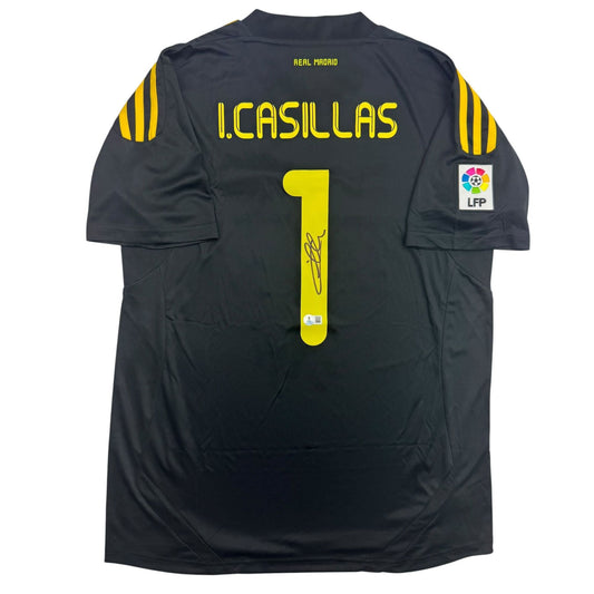 Autographed/Signed Iker Casillas Real Madrid Black Soccer Futbol Jersey Beckett BAS COA