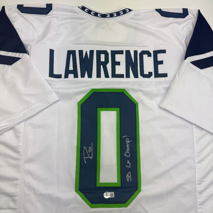 Autographed/Signed Demarcus Lawrence Seattle White Football Jersey Beckett BAS COA