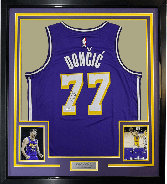Framed Autographed/Signed Luka Doncic 35x39 Los Angeles Lakers Purple Authentic Basketball Jersey PSA/DNA COA