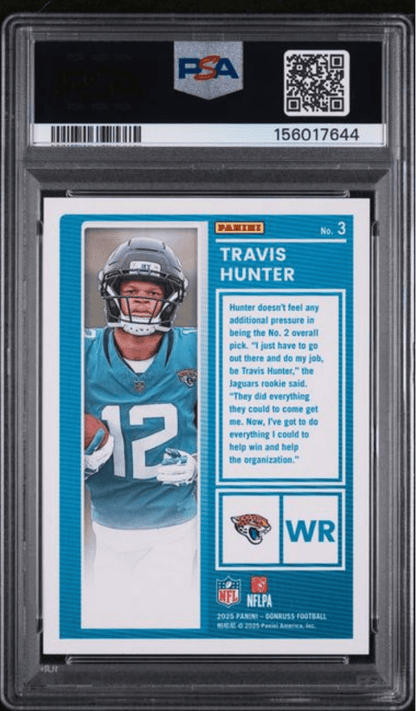 Graded 2025 Panini Donruss Travis Hunter #3 The Rookies Rookie RC Football Card PSA 10 Gem Mint