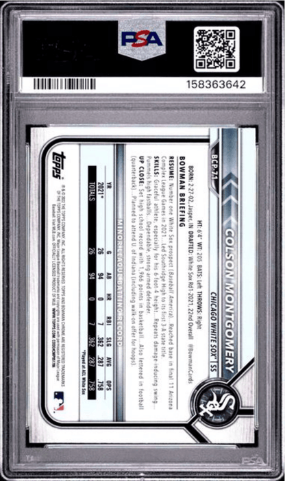Graded 2022 Topps Bowman Colson Montgomery #BCP71 Chrome Prospects Atomic Refractor Rookie RC Baseball Card PSA 10 Gem Mint