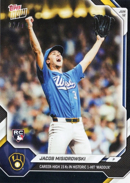 2026 Topps Now Jacob Misiorowski #325 Black Foil /10 Career High 15Ks in Historic 1 Hit 'Maddux' Milwaukee Brewers Rookie RC Baseball Card