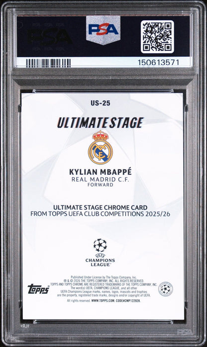 Graded 2025 Topps UCC Kylian Mbappe #US-25 Ultimate Stage Chrome Soccer Card PSA 10 Gem Mint