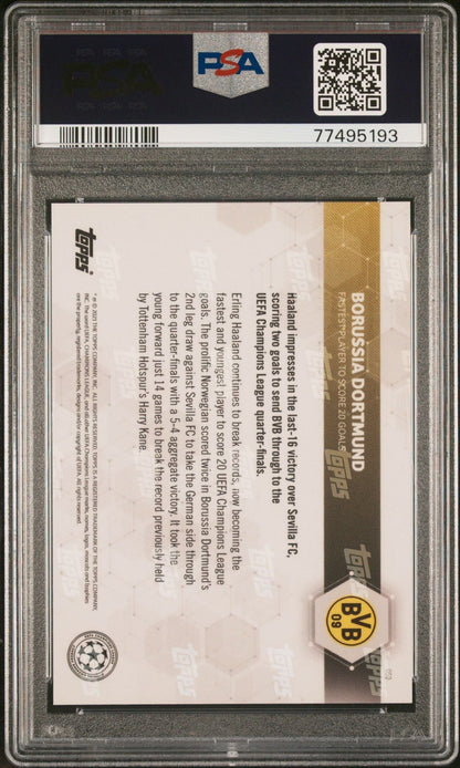 Graded 2020 Topps Now UCL Erling Haaland #050 UEFA Champions League Fastest Player to 20 Goals Soccer Card PSA 10 Gem Mint