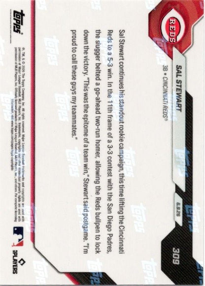 2026 Topps Now Sal Stewart #309 Gold Foil /50 2nd Home Run in 11th Delivers Reds Win in San Diego Cincinnati Reds Rookie RC Baseball Card