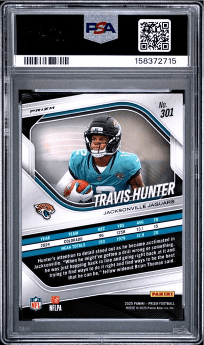 Graded 2025 Panini Prizm Travis Hunter #301 Lazer Prizm Rookie RC Football Card PSA 10 Gem Mint