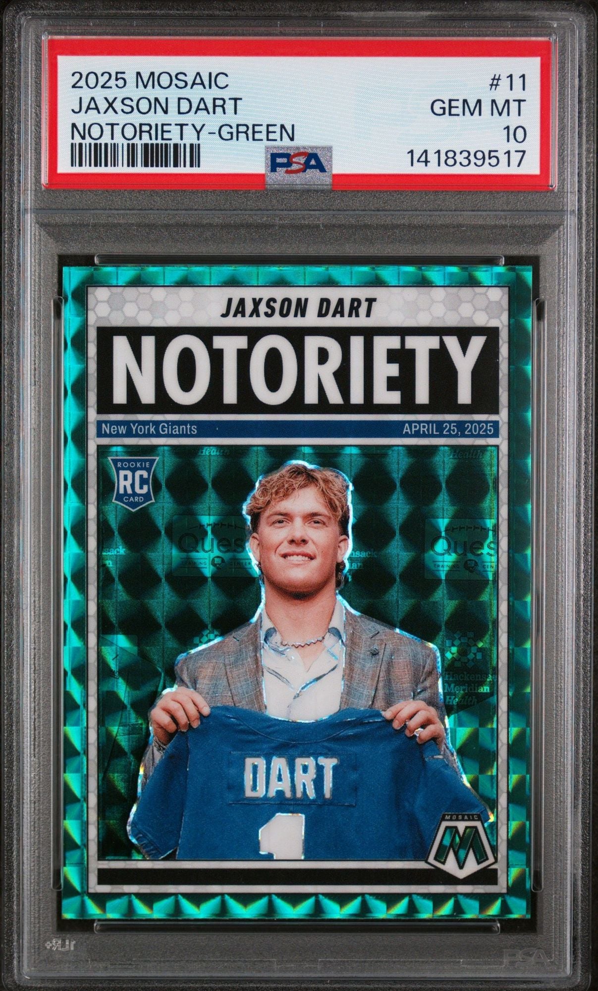 Graded 2025 Panini Mosaic Jaxson Dart #11 Notoriety Green Rookie RC Football Card PSA 10 Gem Mint