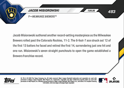 2026 Topps Now Jacob Misiorowski #493 7 Straight Ks to Open Game Sets Brewers Record Milwaukee Brewers Rookie RC Baseball Card