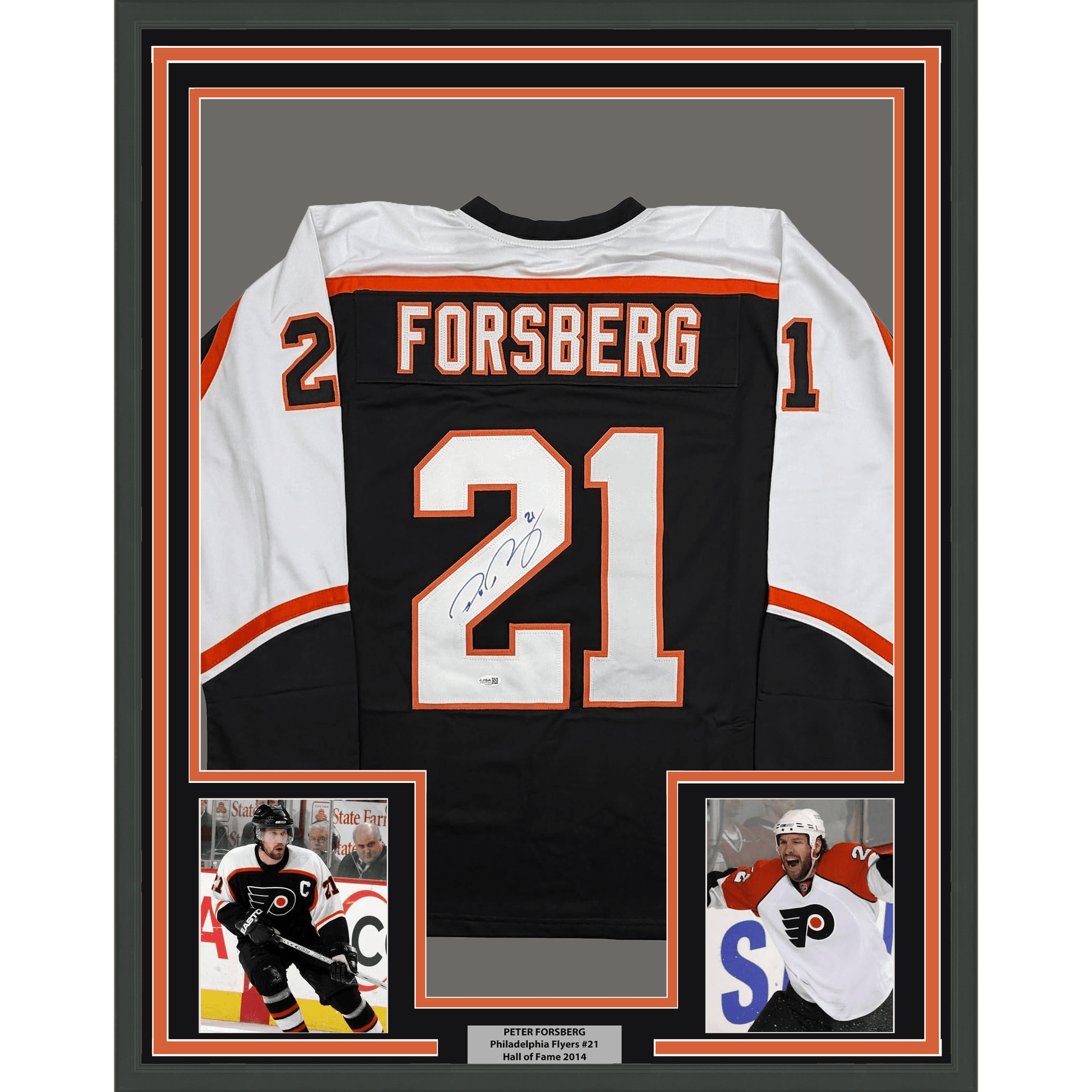 Framed Autographed/Signed Peter Forsberg 35x39 Philadelphia Black Hockey Jersey JSA COA