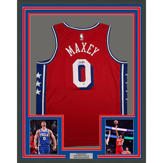 Framed Autographed/Signed Tyrese Maxey 35x39 Philadelphia 76ers Sixers Red Authentic Basketball Jersey Fanatics COA