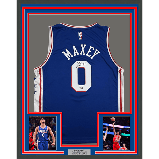 Framed Autographed/Signed Tyrese Maxey 35x39 Philadelphia 76ers Sixers Blue Authentic Basketball Jersey Fanatics COA