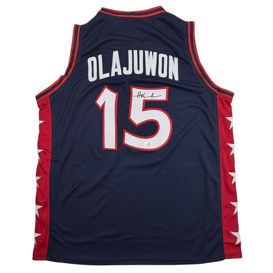 Autographed/Signed Hakeem Olajuwon United States USA Olympics Blue Basketball Jersey JSA COA