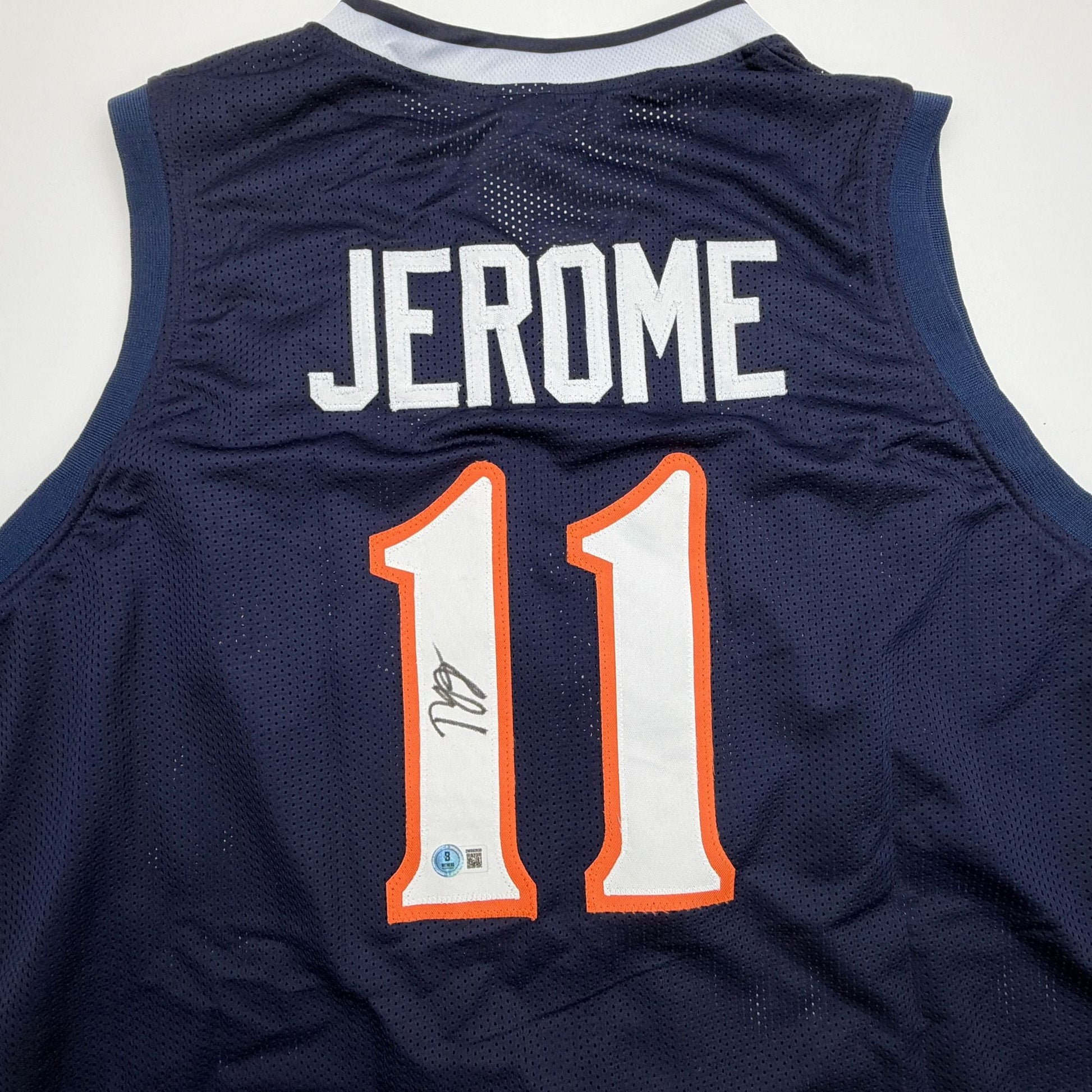 Autographed/Signed Ty Jerome Virginia Blue College Basketball Jersey Beckett BAS COA