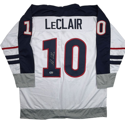 Autographed/Signed John LeClair United States Team USA White Hockey Jersey Beckett BAS COA