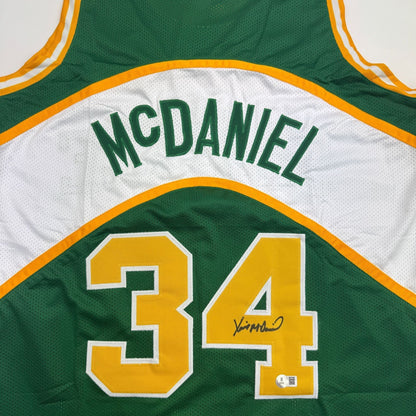 Autographed/Signed Xavier McDaniel Seattle Green Basketball Jersey Beckett BAS COA