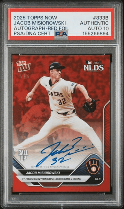 Graded 2025 Topps Now Jacob Misiorowski #833B Auto Red Foil /5 Rookie RC Baseball Card Authentic Auto PSA 10