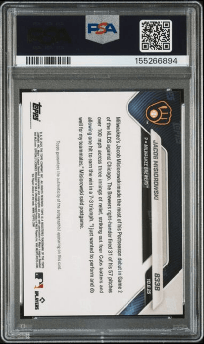 Graded 2025 Topps Now Jacob Misiorowski #833B Auto Red Foil /5 Rookie RC Baseball Card Authentic Auto PSA 10