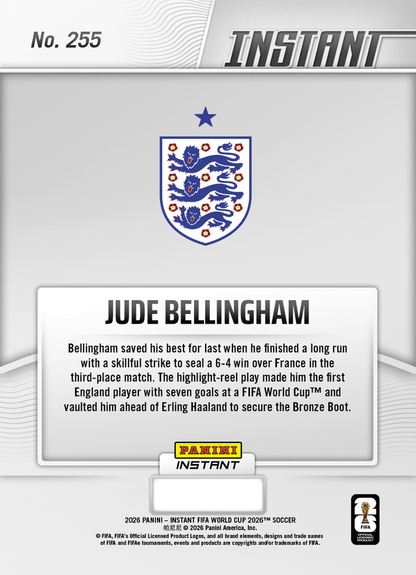 2026 Panini Instant FIFA World Cup Jude Bellingham #255 Bronze Boot Winner England Soccer Card