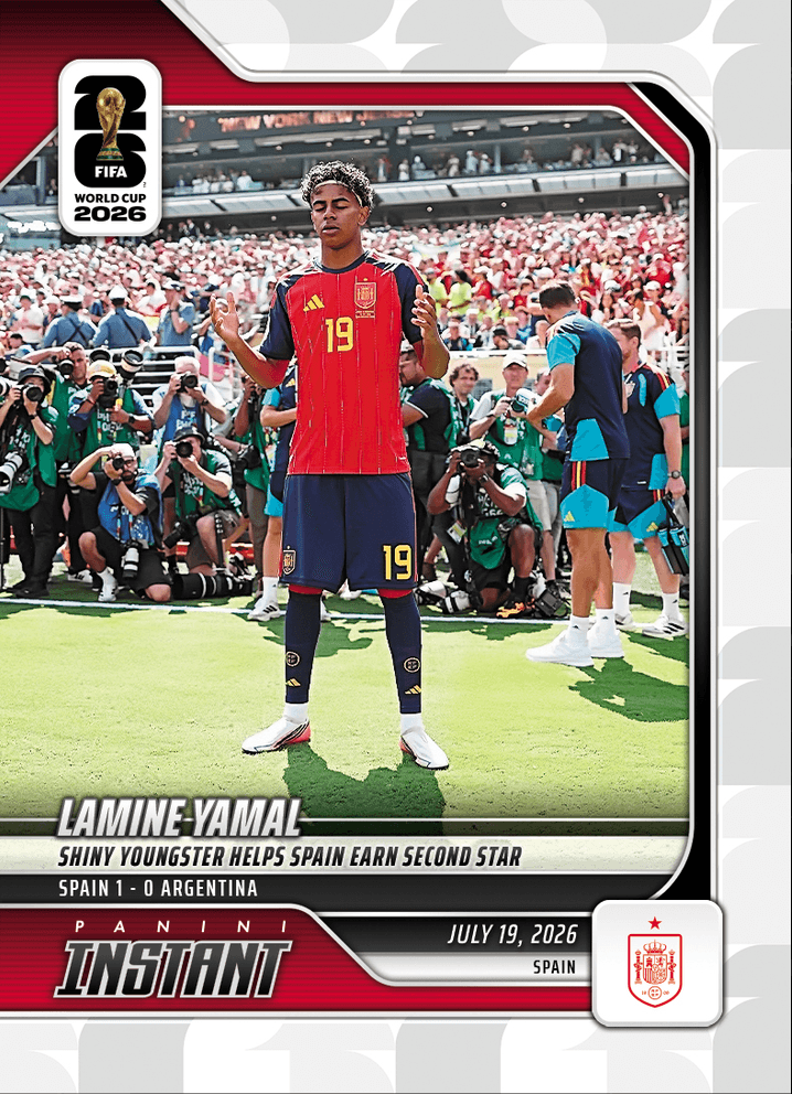 2026 Panini Instant FIFA World Cup Lamine Yamal #246 Shiny Youngster Helps Spain Earn Second Star Spain Soccer Card