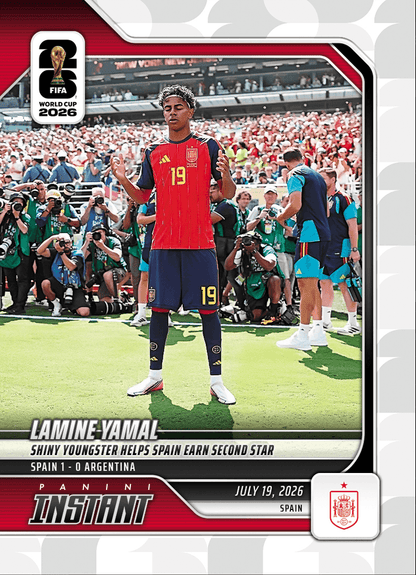 2026 Panini Instant FIFA World Cup Lamine Yamal #246 Shiny Youngster Helps Spain Earn Second Star Spain Soccer Card