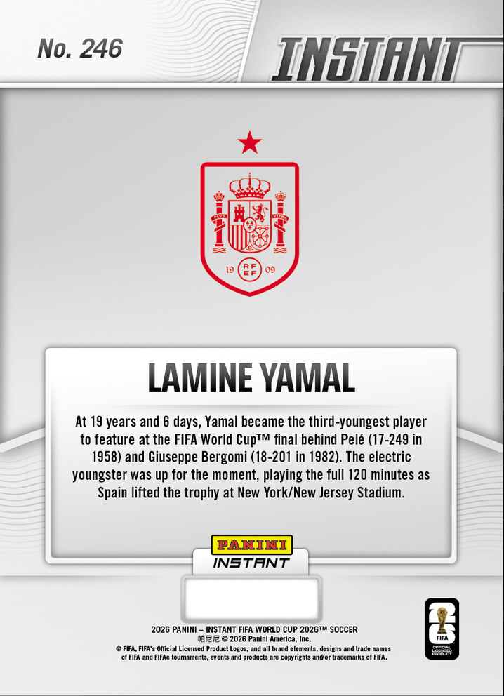 2026 Panini Instant FIFA World Cup Lamine Yamal #246 Shiny Youngster Helps Spain Earn Second Star Spain Soccer Card