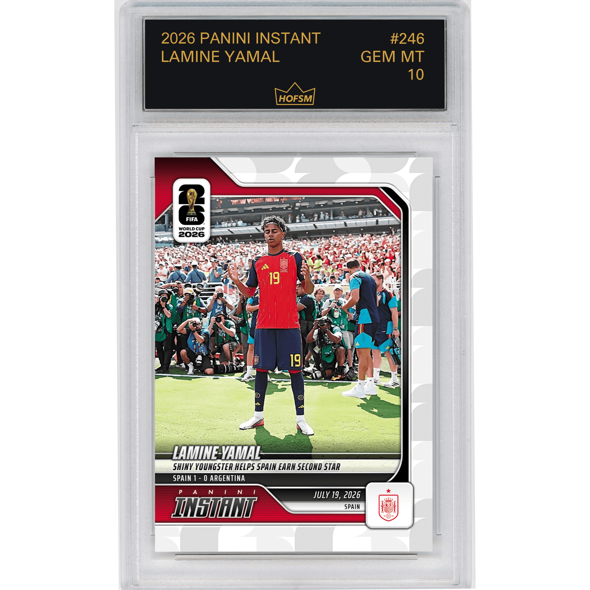 Graded 2026 Panini Instant FIFA World Cup Lamine Yamal #246 Shiny Youngster Helps Spain Earn Second Star Spain Soccer Card HOFSM 10 Gem Mint