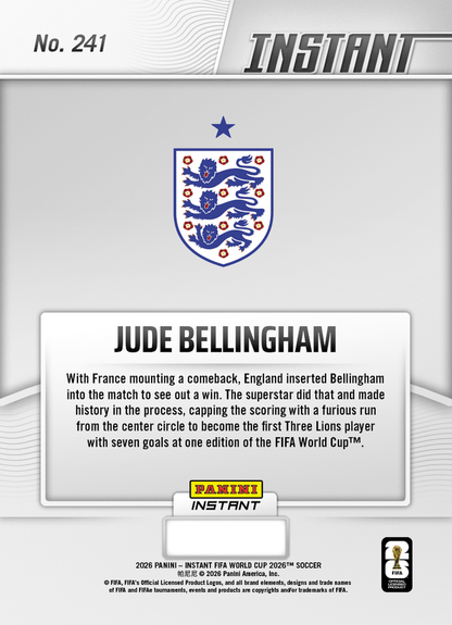 2026 Panini Instant FIFA World Cup Jude Bellingham #241 Superstar Snaps Up Seventh in Third Place Match England Soccer Card