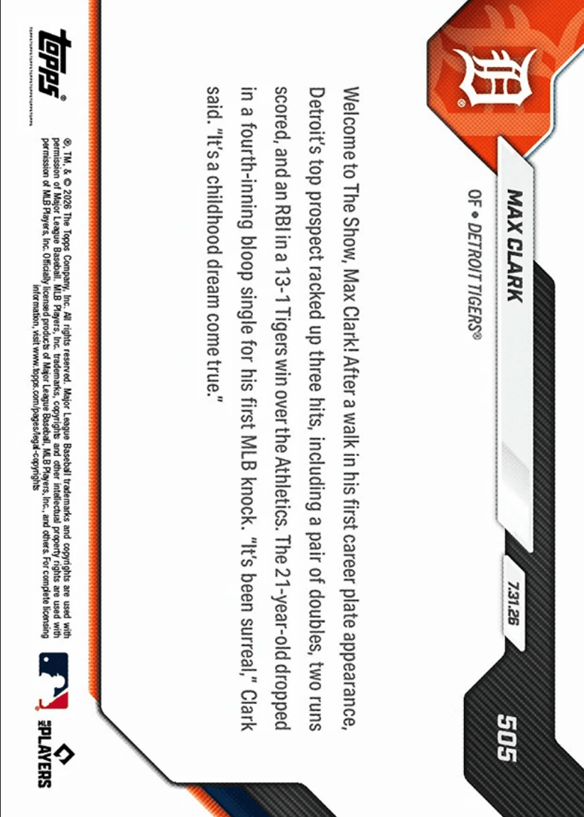 2026 Topps Now Max Clark #505 Number 1 Prospect Logs 3 Hits, 2 Runs , RBI in Debut Detroit Tigers Rookie RC Baseball Card