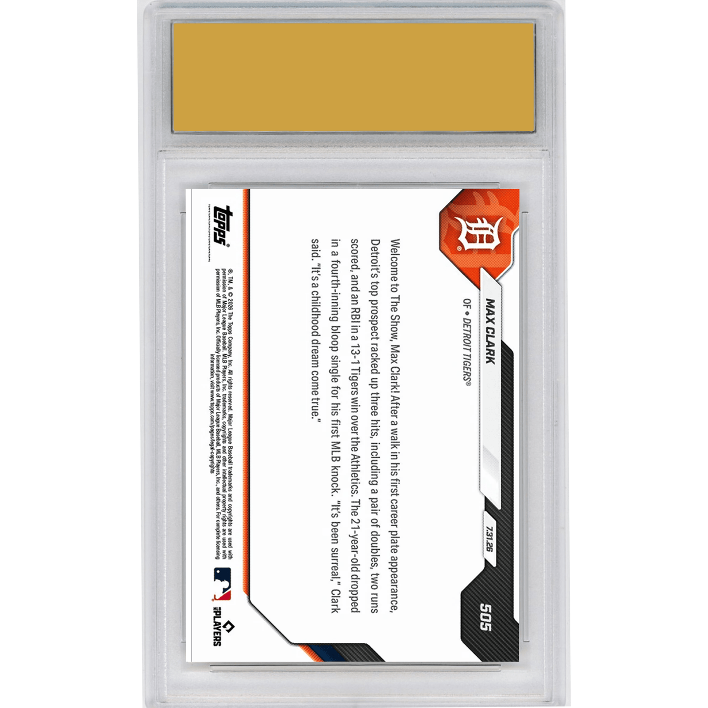 Graded 2026 Topps Now Max Clark #505 Number 1 Prospect Logs 3 Hits, 2 Runs , RBI in Debut Detroit Tigers Rookie RC Baseball Card HOFSM 10 Gem Mint