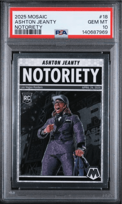 Graded 2025 Panini Mosaic Ashton Jeanty #18 Notoriety Rookie RC Football Card PSA 10 Gem Mint
