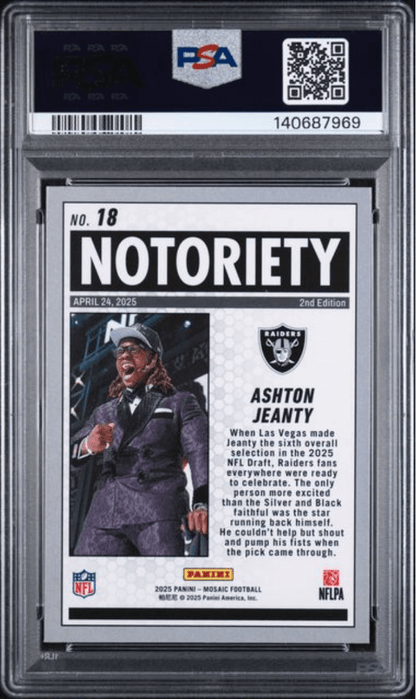 Graded 2025 Panini Mosaic Ashton Jeanty #18 Notoriety Rookie RC Football Card PSA 10 Gem Mint