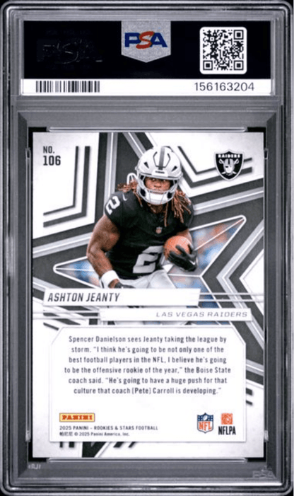 Graded 2025 Panini Rookies & Stars Ashton Jeanty #106 Purple /999 Rookie RC Football Card PSA 10 Gem Mint