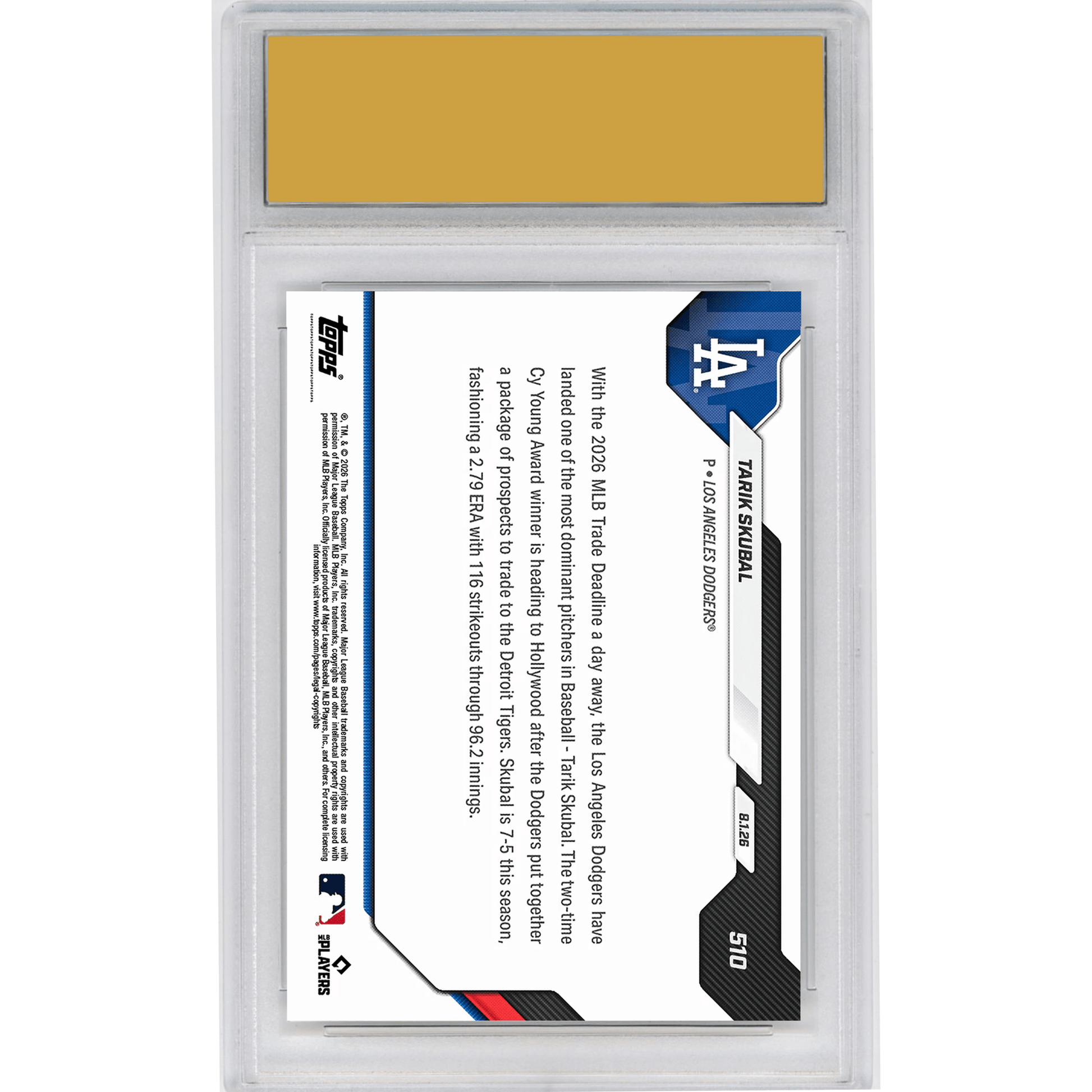 Graded 2026 Topps Now Tarik Skubal #510 Motown to Tinseltown - Dodgers Land Ace Pitcher Los Angeles Dodgers Baseball Card HOFSM 10 Gem Mint